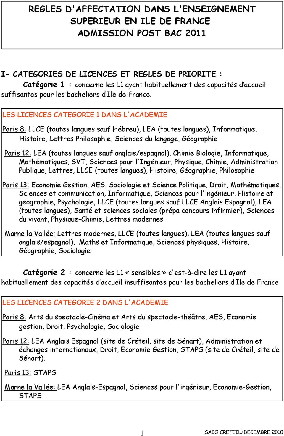 LES LICENCES CATEGORIE 1 DANS L'ACADEMIE Paris 8: LLCE (toutes langues sauf Hébreu), LEA (toutes langues), Informatique, Histoire, Lettres Philosophie, Sciences du langage, Géographie Paris 12: LEA