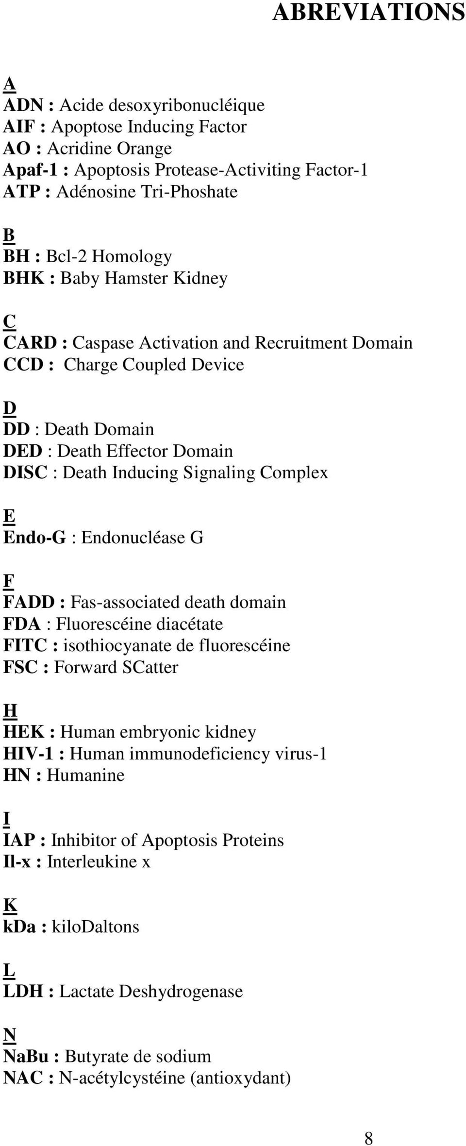 Endo-G : Endonucléase G F FADD : Fas-associated death domain FDA : Fluorescéine diacétate FITC : isothiocyanate de fluorescéine FSC : Forward SCatter H HEK : Human embryonic kidney HIV-1 : Human
