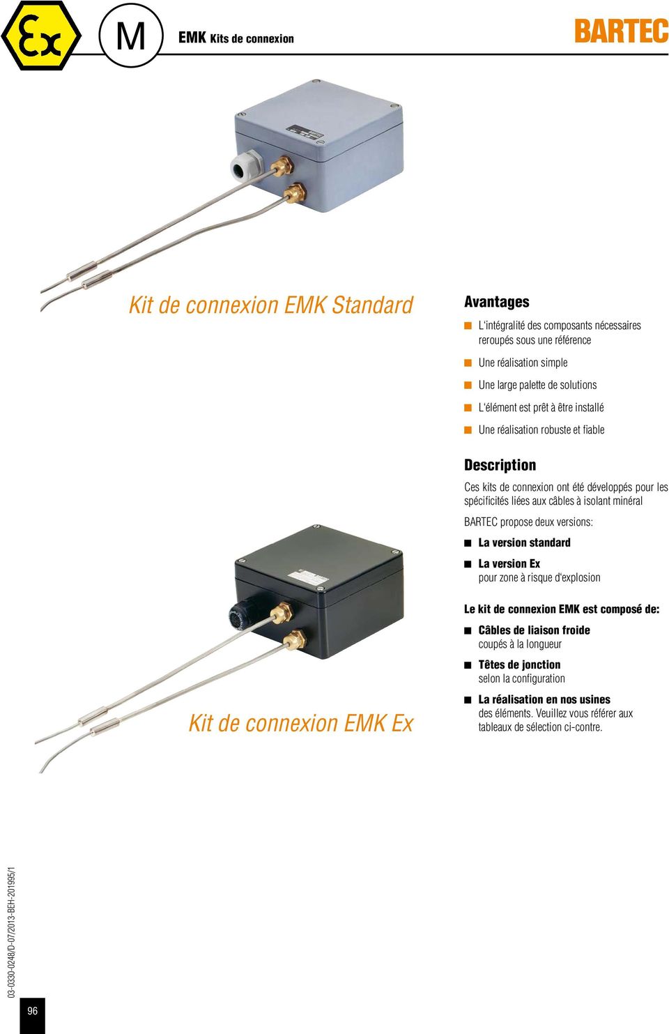 BARTEC propose deux versions: La version standard La version Ex pour zone à risque d explosion Kit de connexion EMK Ex Le kit de connexion EMK est composé de: Câbles de liaison froide