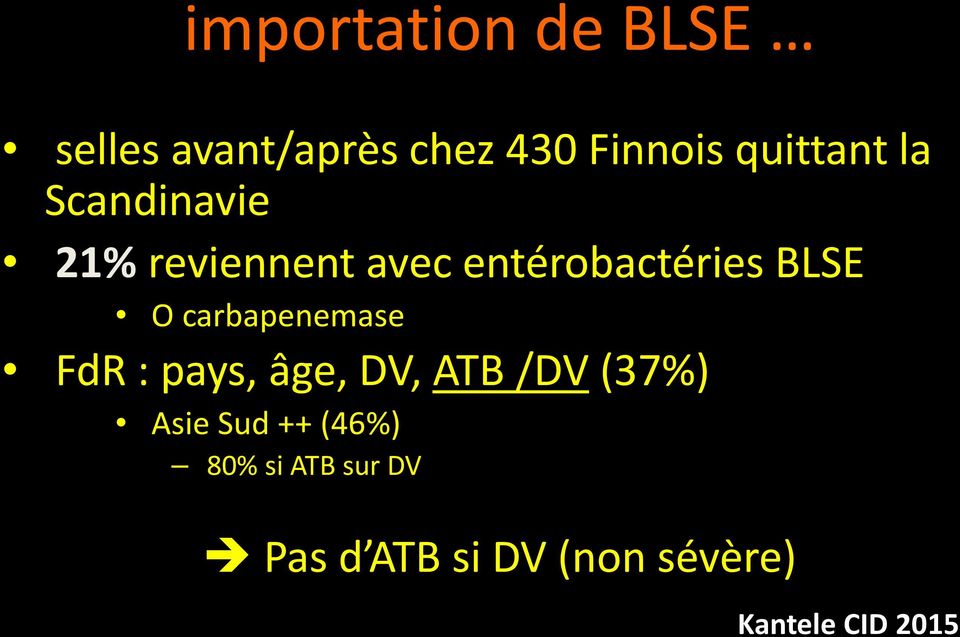 BLSE O carbapenemase FdR : pays, âge, DV, ATB /DV (37%) Asie