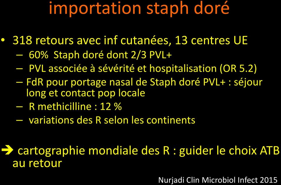 2) FdR pour portage nasal de Staph doré PVL+ : séjour long et contact pop locale R methicilline