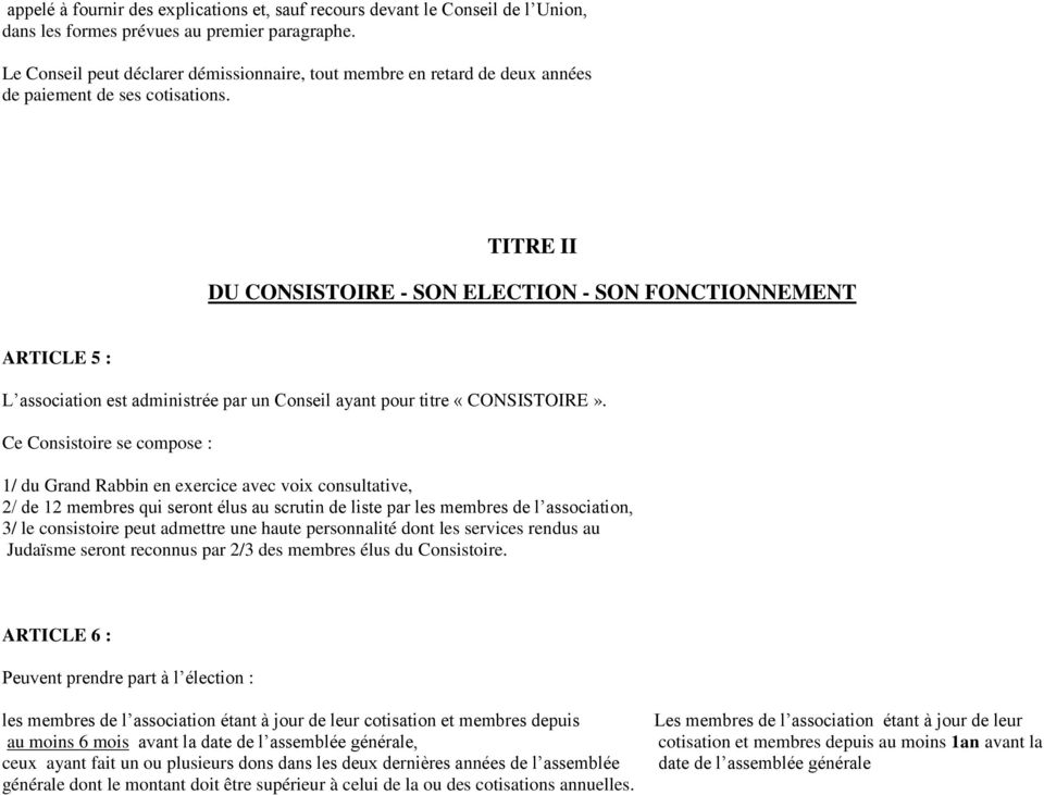 TITRE II DU CONSISTOIRE - SON ELECTION - SON FONCTIONNEMENT ARTICLE 5 : L association est administrée par un Conseil ayant pour titre «CONSISTOIRE».