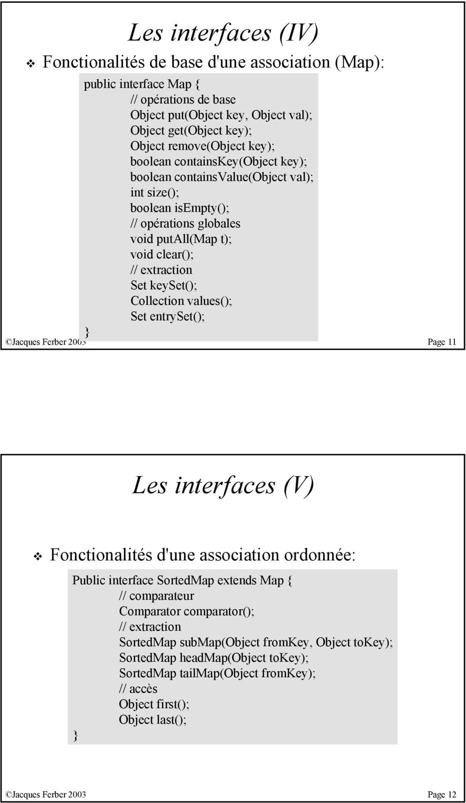 Collection values(); Set entryset(); Jacques Ferber 2003 Page 11 Les interfaces (V) Fonctionalités d'une association ordonnée: Public interface SortedMap extends Map { // comparateur Comparator