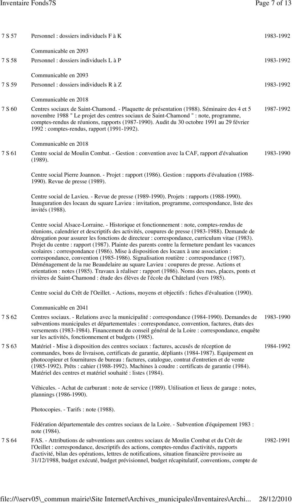 Séminaire des 4 et 5 novembre 1988 " Le projet des centres sociaux de Saint-Chamond " : note, programme, comptes-rendus de réunions, rapports (1987-1990).