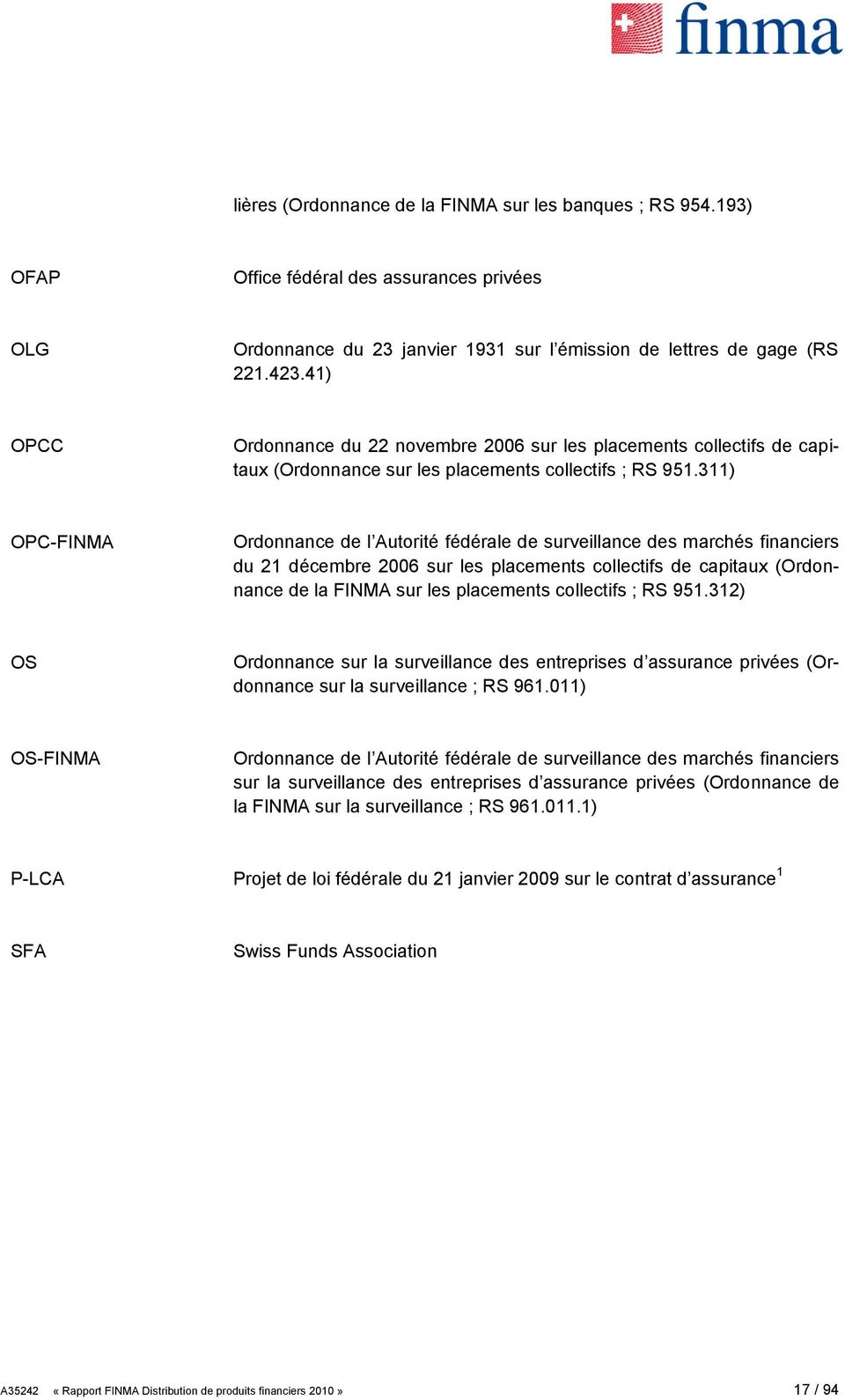 311) OPC-FINMA Ordonnance de l Autorité fédérale de surveillance des marchés financiers du 21 décembre 2006 sur les placements collectifs de capitaux (Ordonnance de la FINMA sur les placements