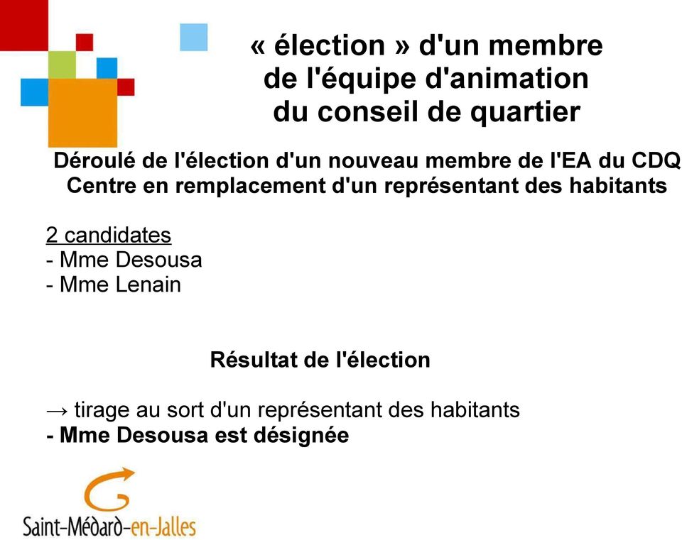 représentant des habitants 2 candidates - Mme Desousa - Mme Lenain Résultat de