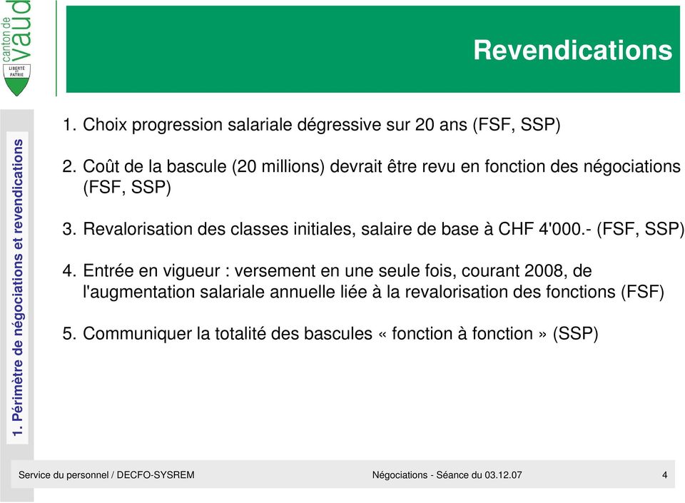 Revalorisation des classes initiales, salaire de base à CHF 4'000.- (FSF, SSP) 4.