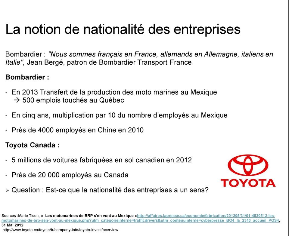 Toyota Canada : 5 millions de voitures fabriquées en sol canadien en 2012 Prés de 20 000 employés au Canada Question : Est-ce que la nationalité des entreprises a un sens?