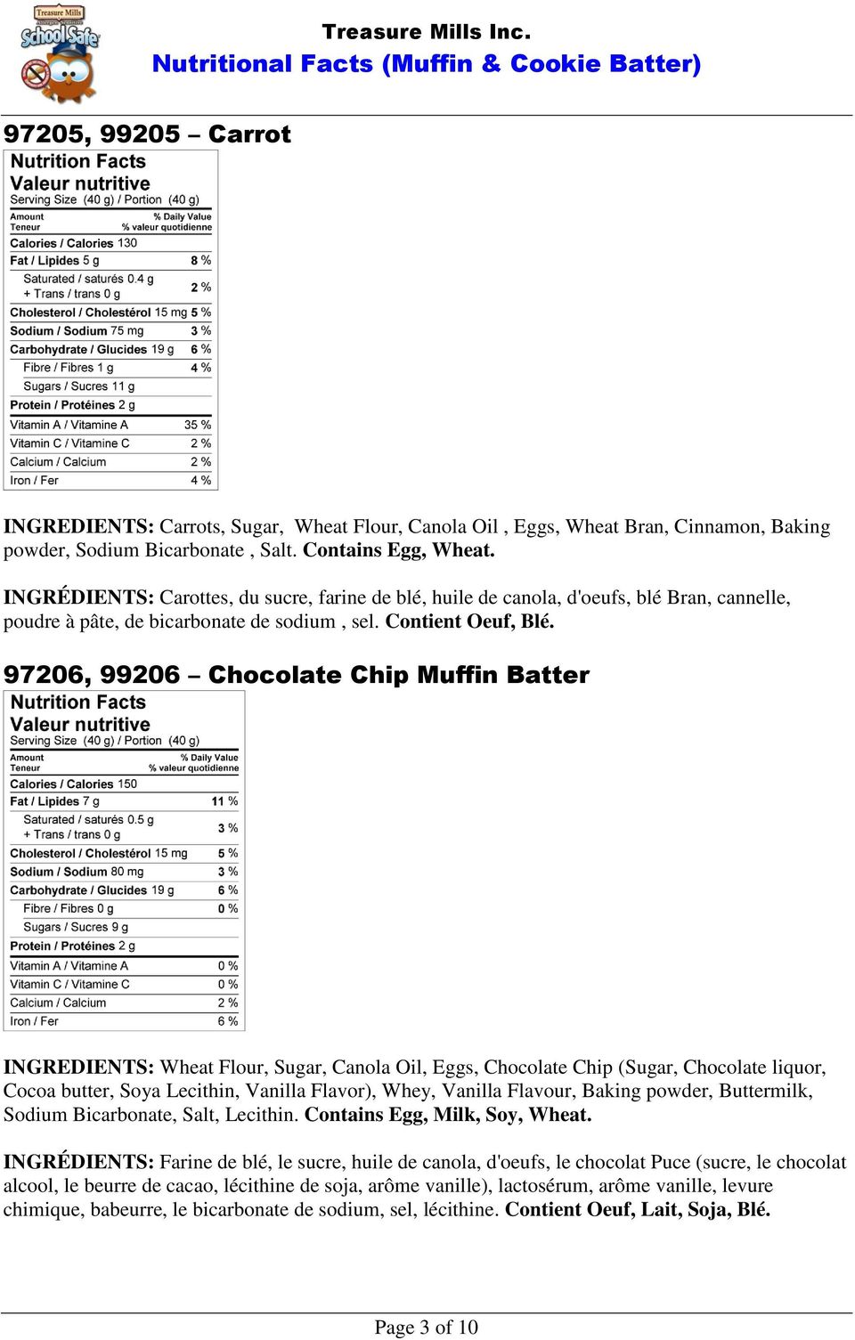 97206, 99206 Chocolate Chip Muffin Batter INGREDIENTS: Wheat Flour, Sugar, Canola Oil, Eggs, Chocolate Chip (Sugar, Chocolate liquor, Cocoa butter, Soya Lecithin, Vanilla Flavor), Whey, Vanilla