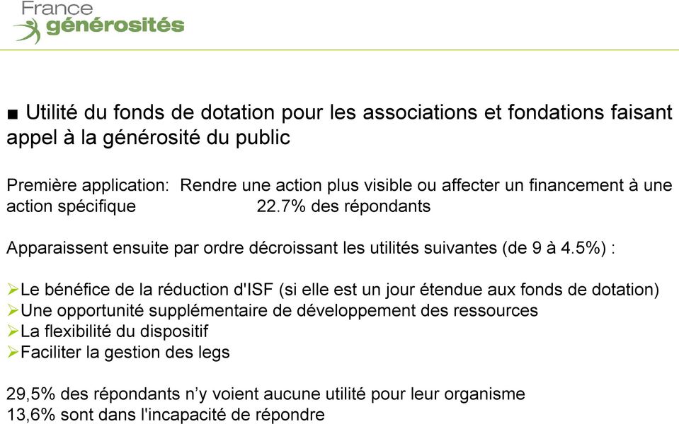 5%) : Le bénéfice de la réduction d'isf (si elle est un jour étendue aux fonds de dotation) Une opportunité supplémentaire de développement des ressources