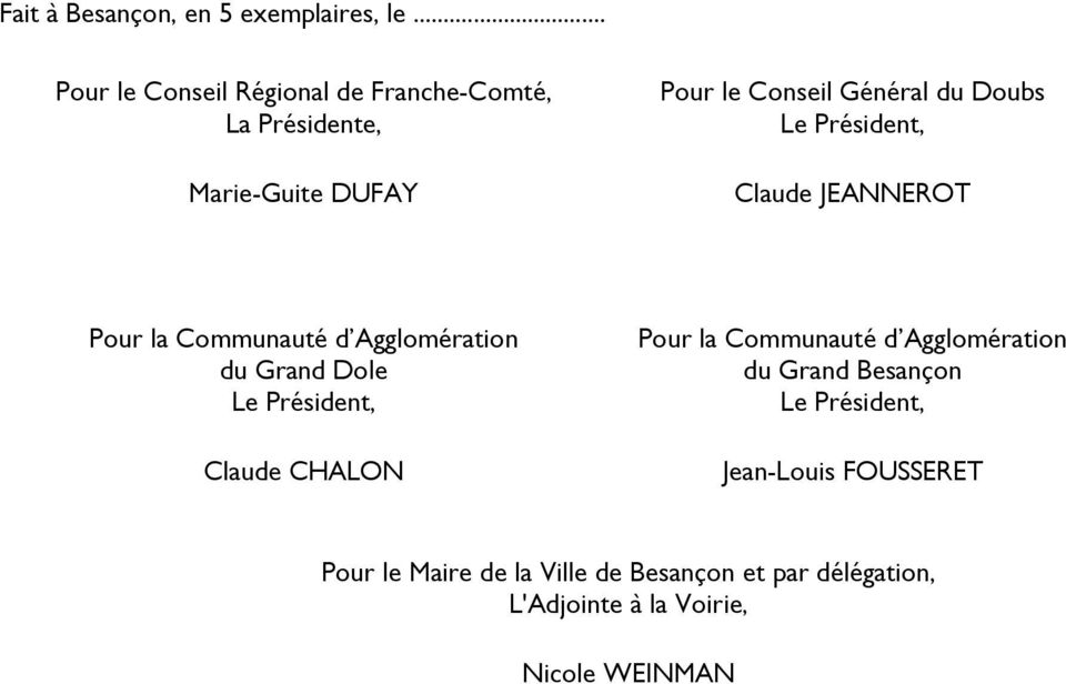 Général du Doubs Claude JEANNEROT Pour la Communauté d Agglomération du Grand Dole Claude CHALON