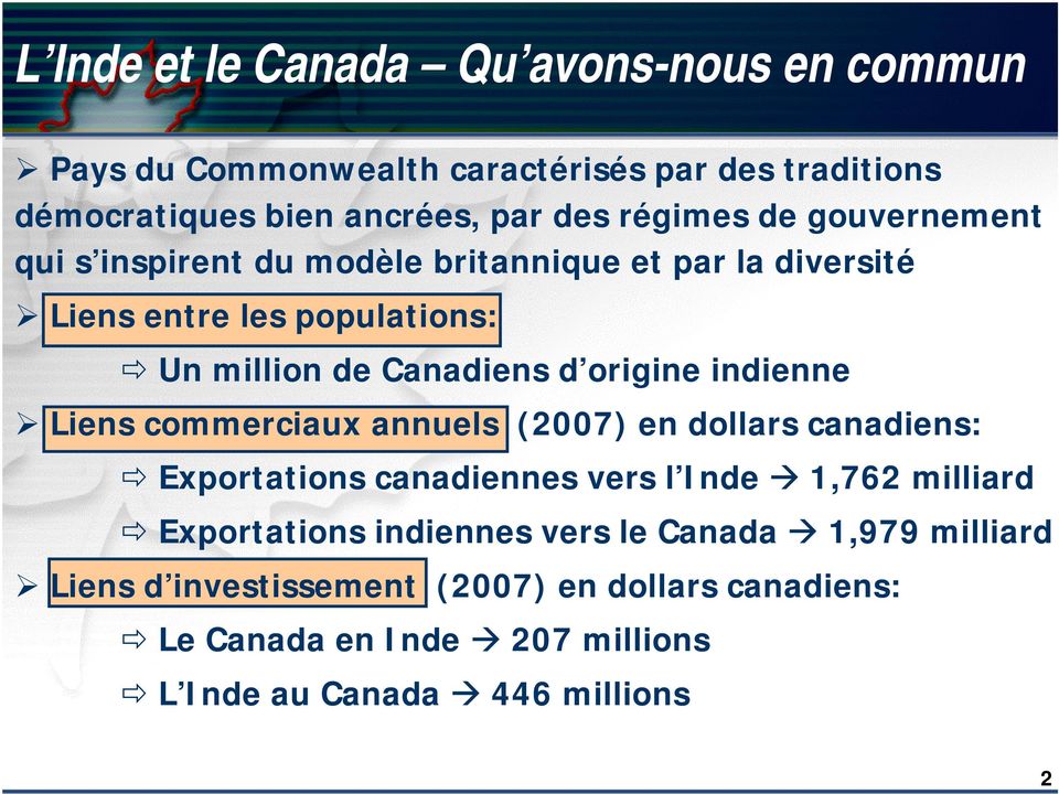 indienne Liens commerciaux annuels (2007) en dollars canadiens: Exportations canadiennes vers l Inde 1,762 milliard Exportations indiennes