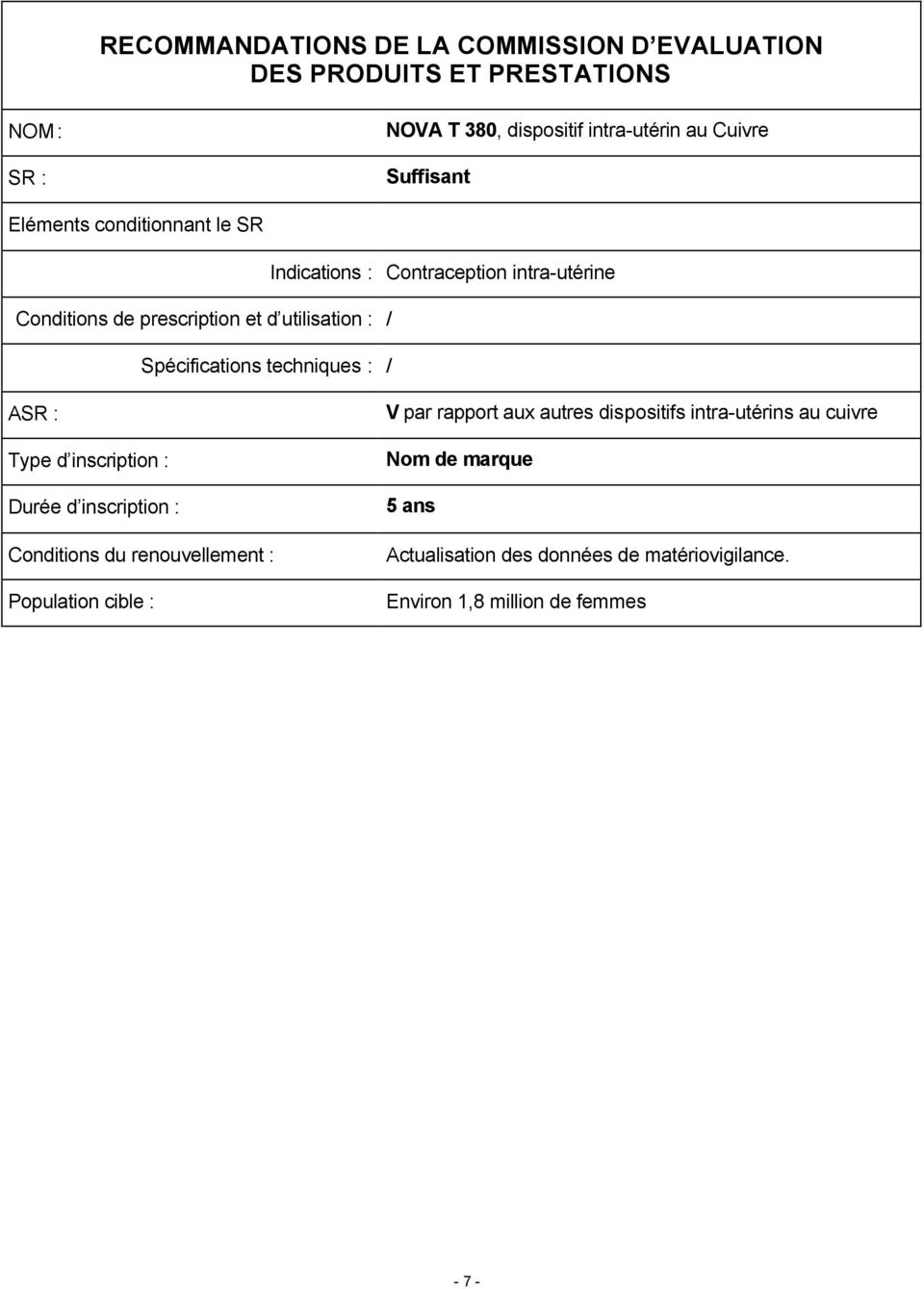 intra-utérine ASR : Type d inscription : Durée d inscription : Conditions du renouvellement : Population cible : V par rapport aux