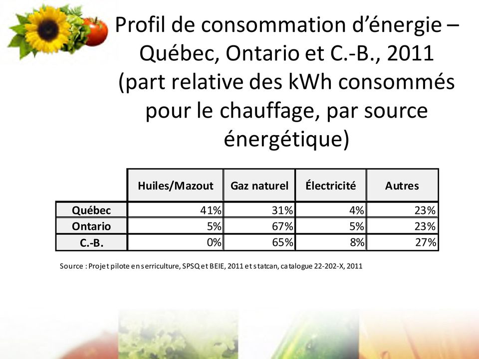 Huiles/Mazout Gaz naturel Électricité Autres Québec 41% 31% 4% 23% Ontario 5% 67% 5%