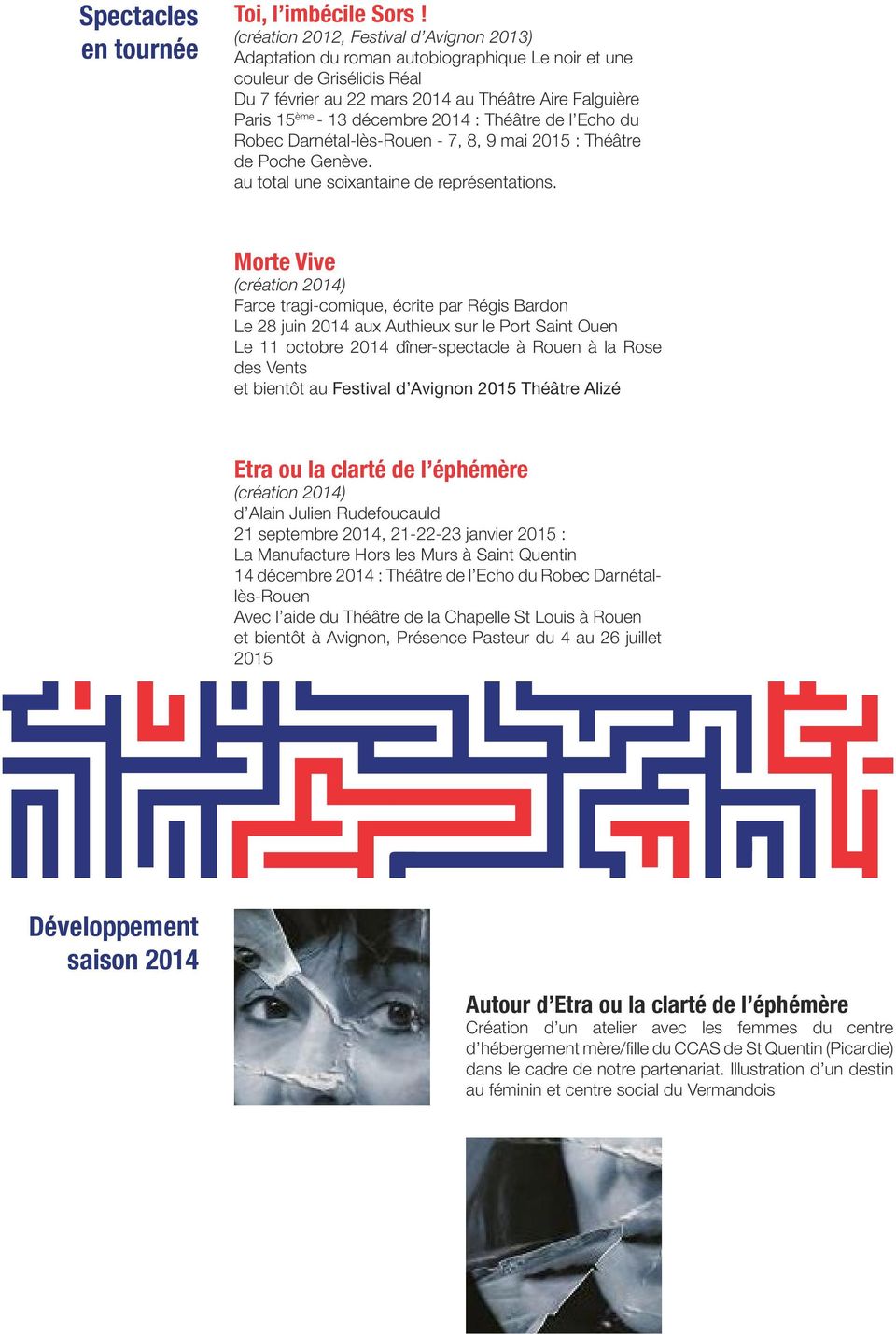 décembre 2014 : Théâtre de l Echo du Robec Darnétal-lès-Rouen - 7, 8, 9 mai 2015 : Théâtre de Poche Genève. au total une soixantaine de représentations.