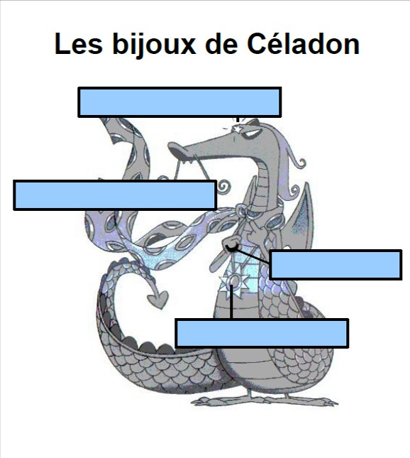 Le dragon Céladon p 3 à 4 1 Recopie le nom des bijoux du dragon : Une bague de lune Un diamant d