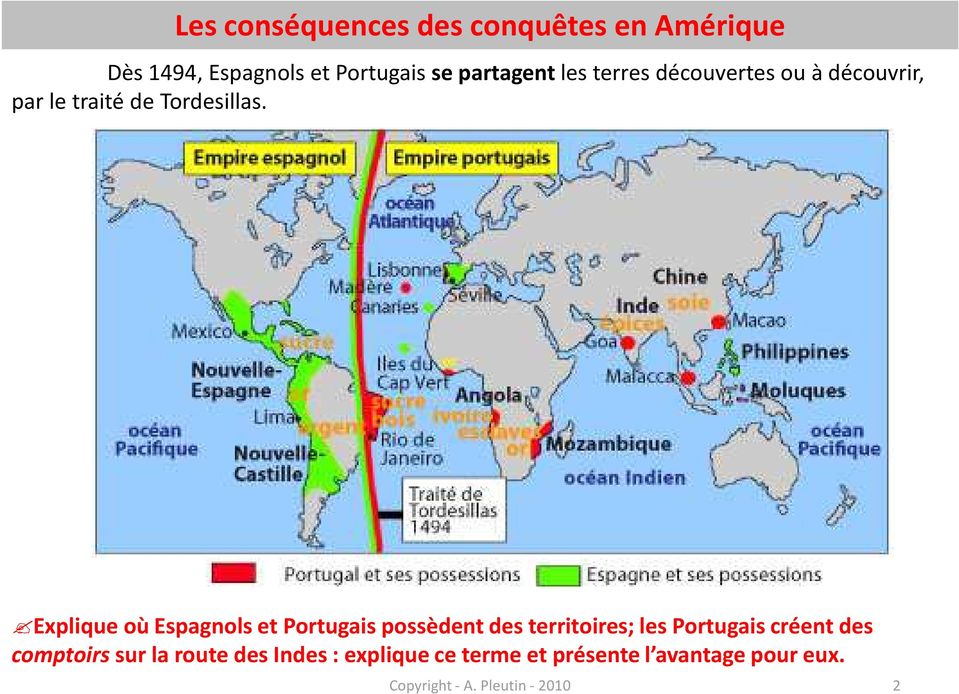 Explique où Espagnols et Portugais possèdent des territoires; les Portugais créent