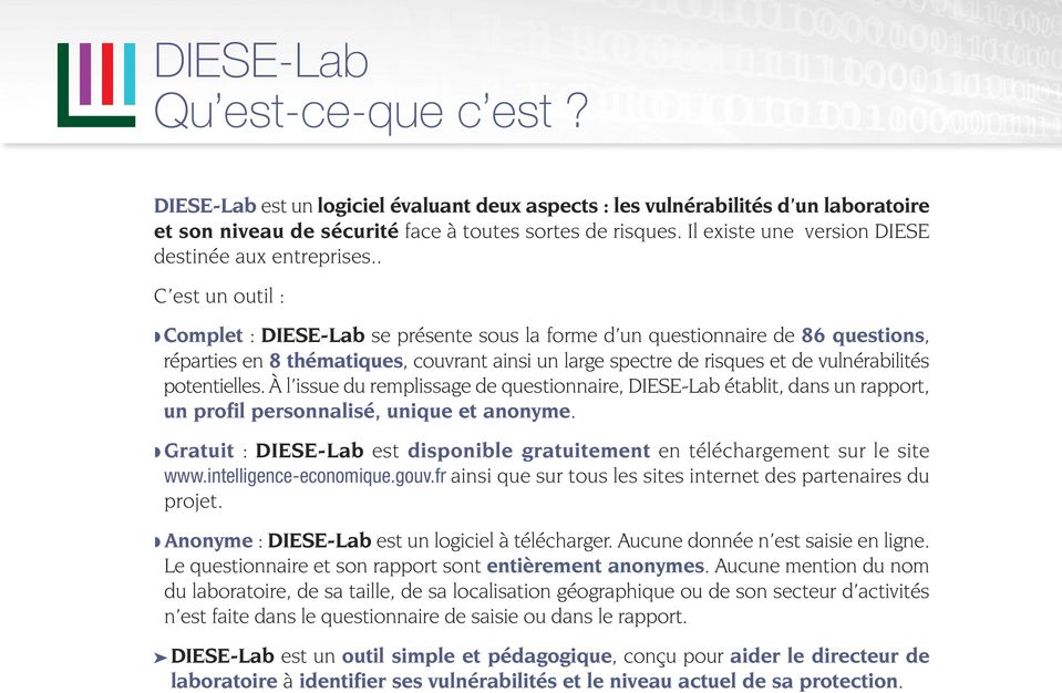 . C est un outil : Complet : DIESE-Lab se présente sous la forme d un questionnaire de 86 questions, réparties en 8 thématiques, couvrant ainsi un large spectre de risques et de vulnérabilités
