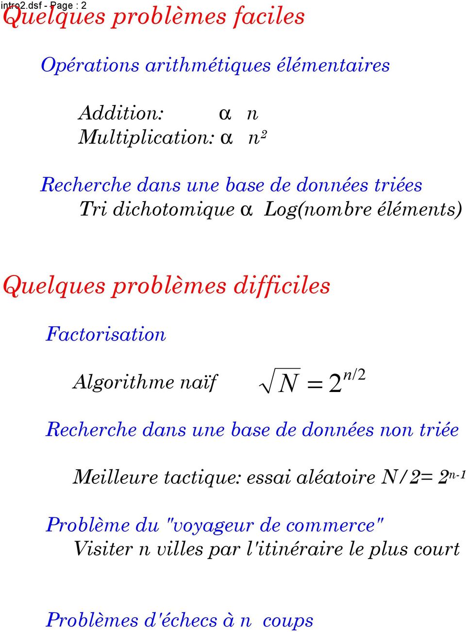 Recherche dans une base de données triées Tri dichotomique α Log(nombre éléments) Quelques problèmes difficiles