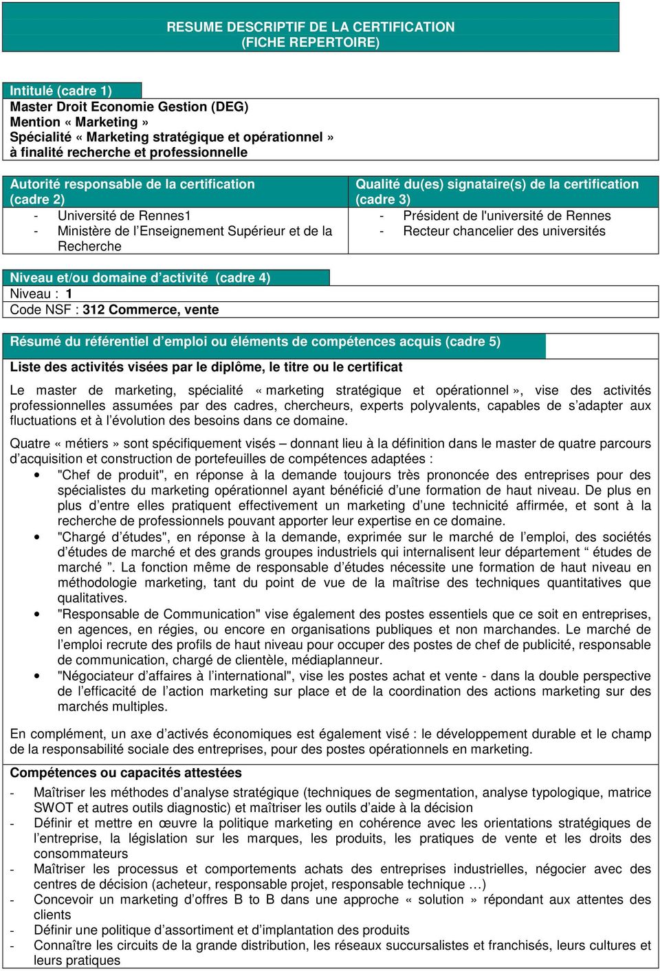 certification (cadre 3) - Président de l'université de Rennes - Recteur chancelier des universités Niveau et/ou domaine d activité (cadre 4) Niveau : 1 Code NSF : 312 Commerce, vente Résumé du