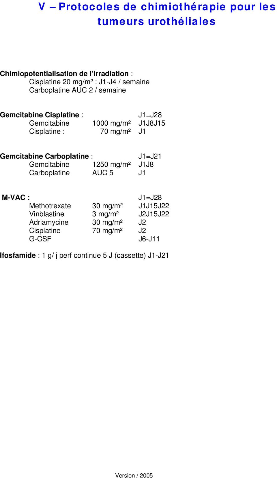 Gemcitabine Carboplatine : J1=J21 Gemcitabine 1250 mg/m² J1J8 Carboplatine AUC 5 J1 M-VAC : J1=J28 Methotrexate 30 mg/m² J1J15J22