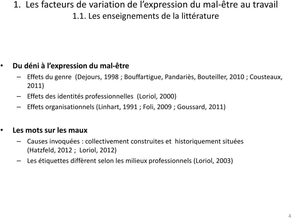 (Loriol, 2000) Effets organisationnels (Linhart, 1991 ; Foli, 2009 ; Goussard, 2011) Les mots sur les maux Causes invoquées : collectivement