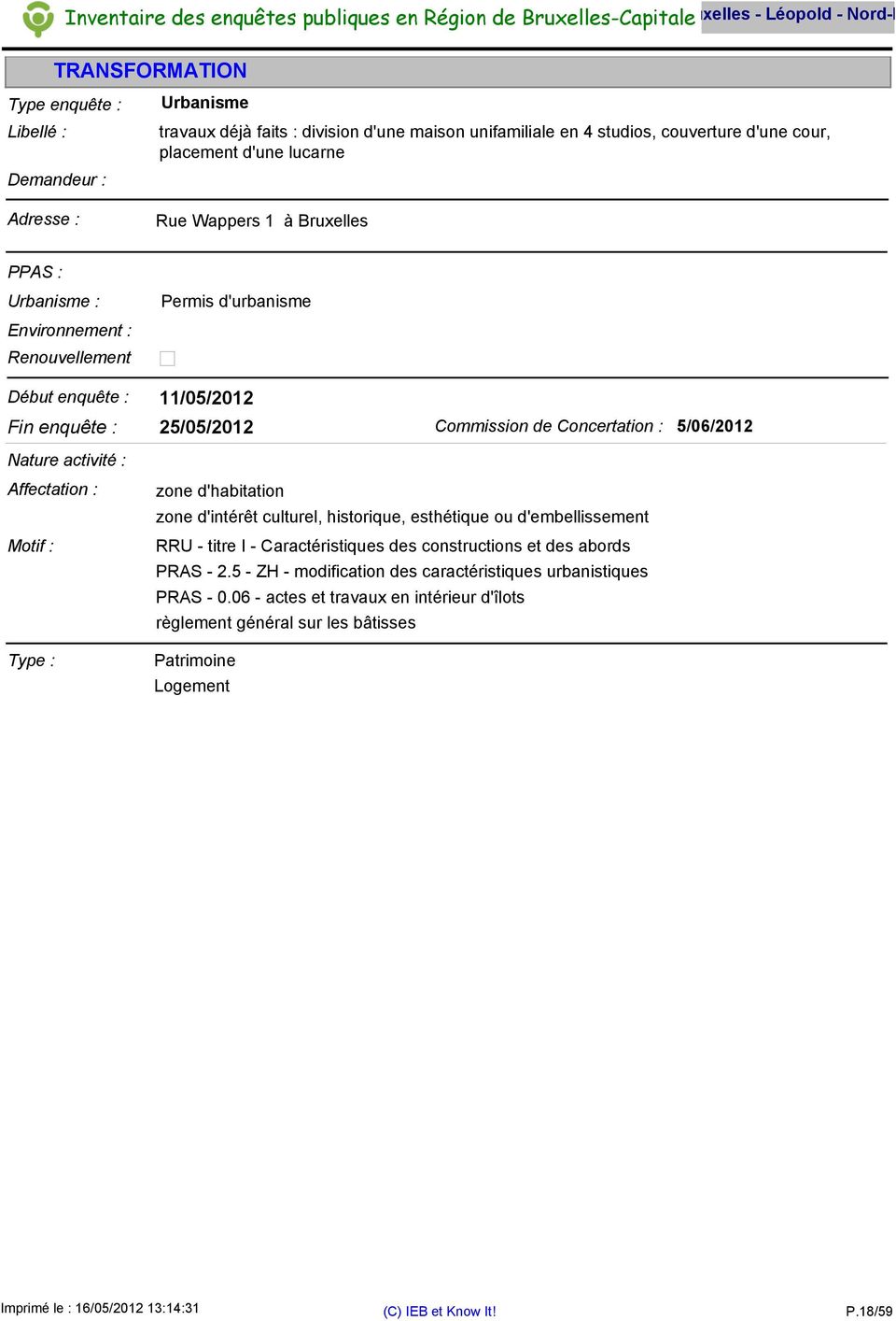 25/05/2012 Commission de Concertation : 5/06/2012 zone d'intérêt culturel, historique, esthétique ou d'embellissement - 2.