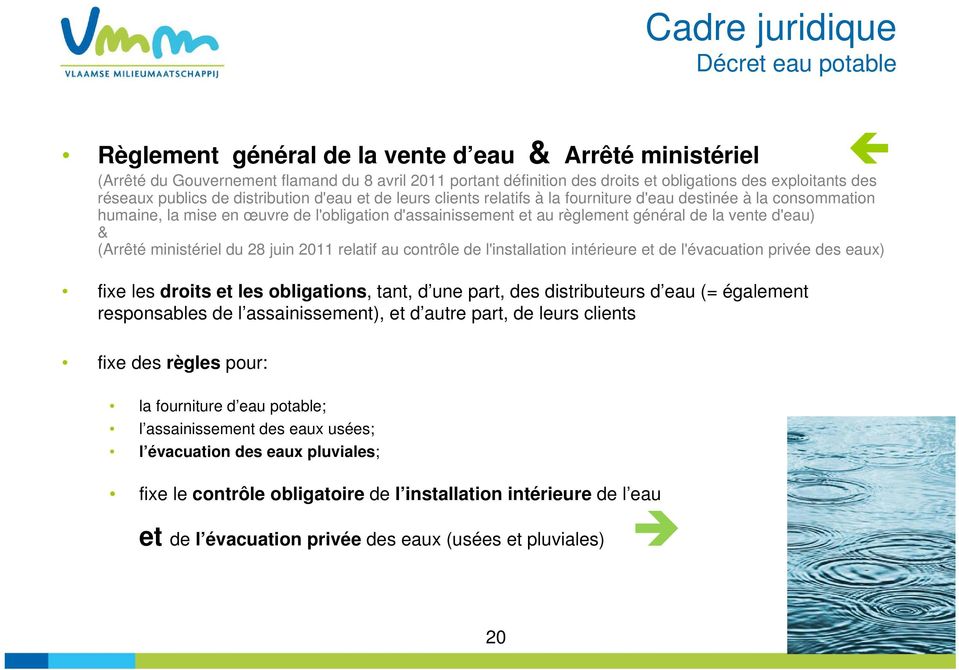 & (Arrêté ministériel du 28 juin 2011 relatif au contrôle de l'installation intérieure et de l'évacuation privée des eaux) fixe les droits et les obligations, tant, d une part, des distributeurs d