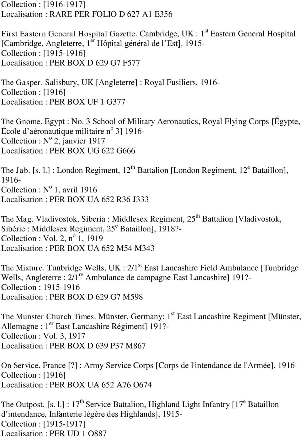 Salisbury, UK [Angleterre] : Royal Fusiliers, 1916- Localisation : PER BOX UF 1 G377 The Gnome. Egypt : No.