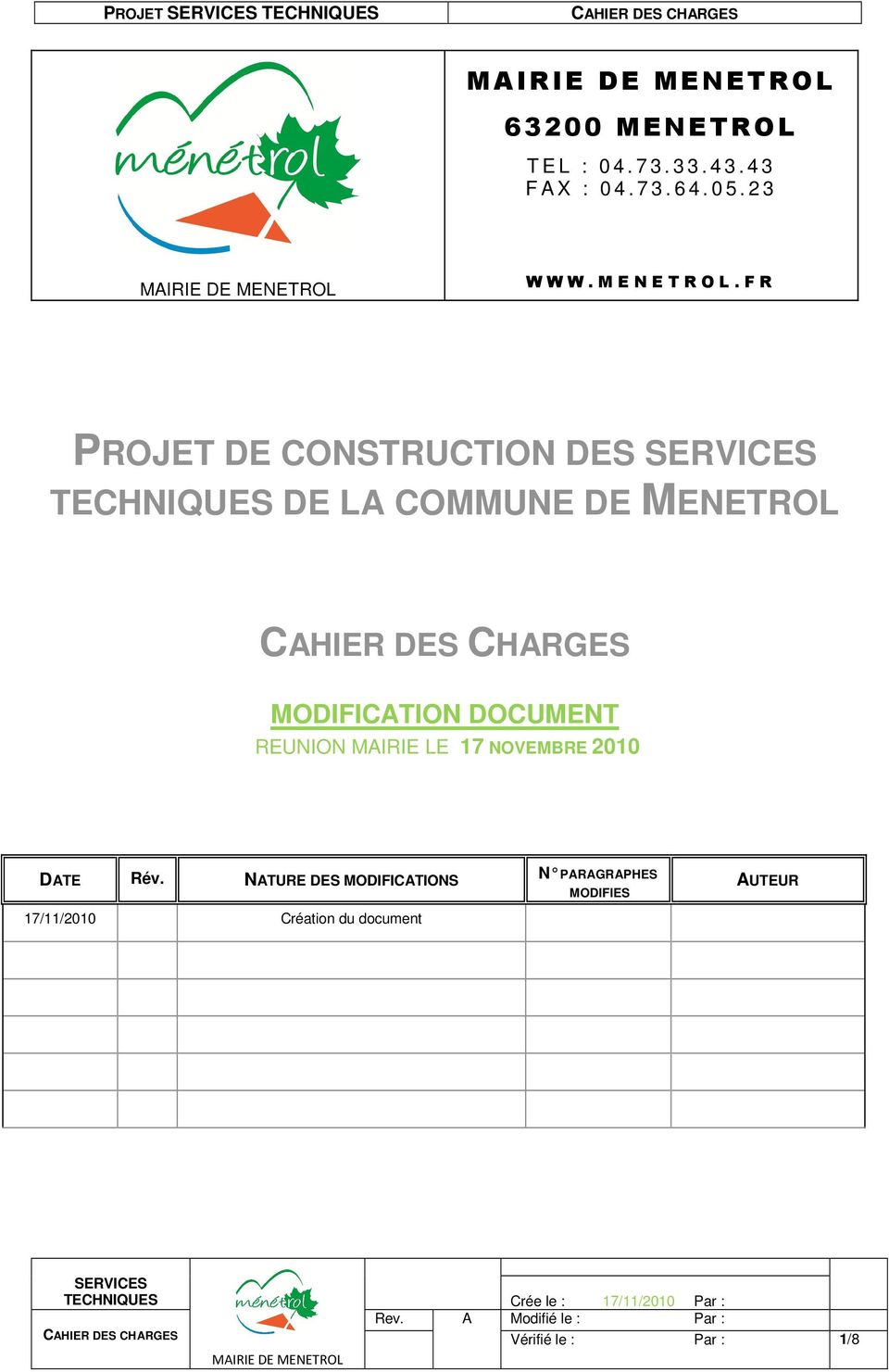 F R PROJET DE CONSTRUCTION DES DE LA COMMUNE DE MENETROL MODIFICATION DOCUMENT