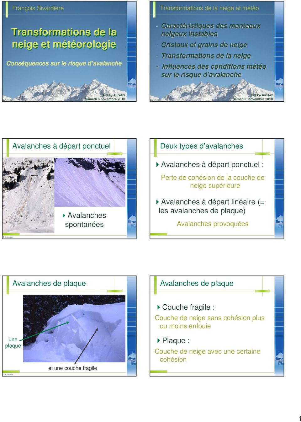 6 novembre 2010 Deux types d avalanches Avalanches à départ ponctuel : de la couche de neige supérieure Avalanches spontanées Avalanches à départ linéaire (= les avalanches de plaque) Avalanches
