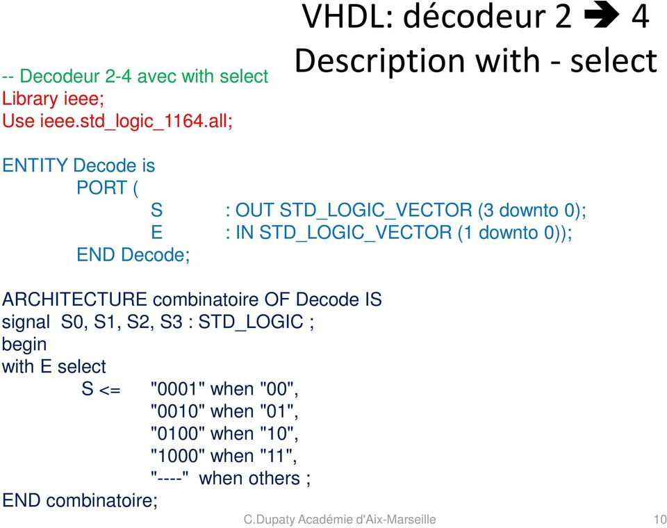 STD_LOGIC_VECTOR (1 downto 0)); END Decode; ARCHITECTURE combinatoire OF Decode IS signal S0, S1, S2, S3 : STD_LOGIC ;
