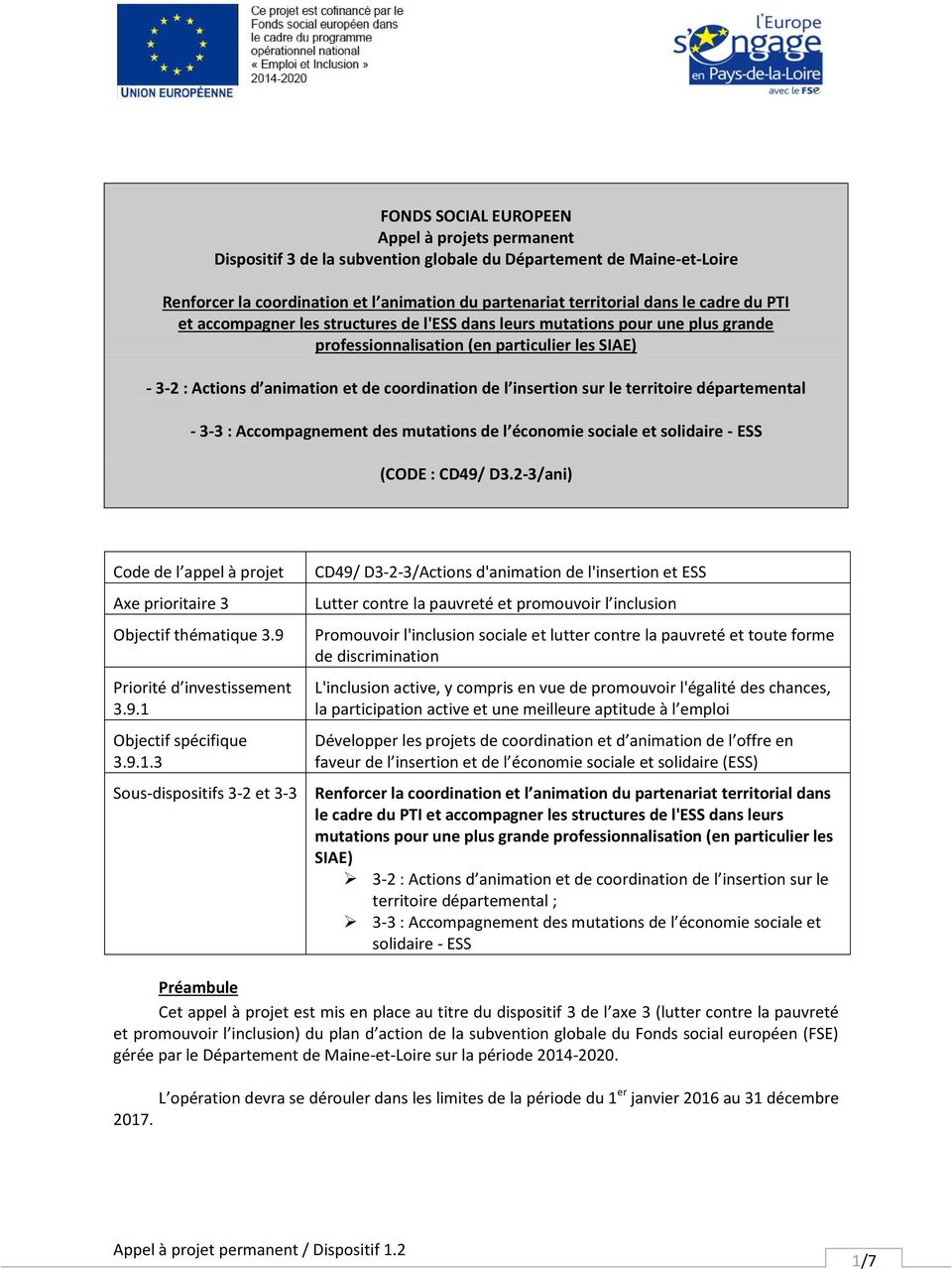 insertion sur le territoire départemental - 3-3 : Accompagnement des mutations de l économie sociale et solidaire - ESS (CODE : CD49/ D3.