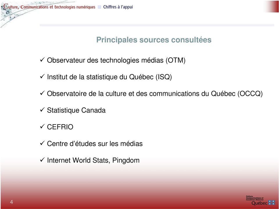 culture et des communications du Québec (OCCQ) Statistique Canada