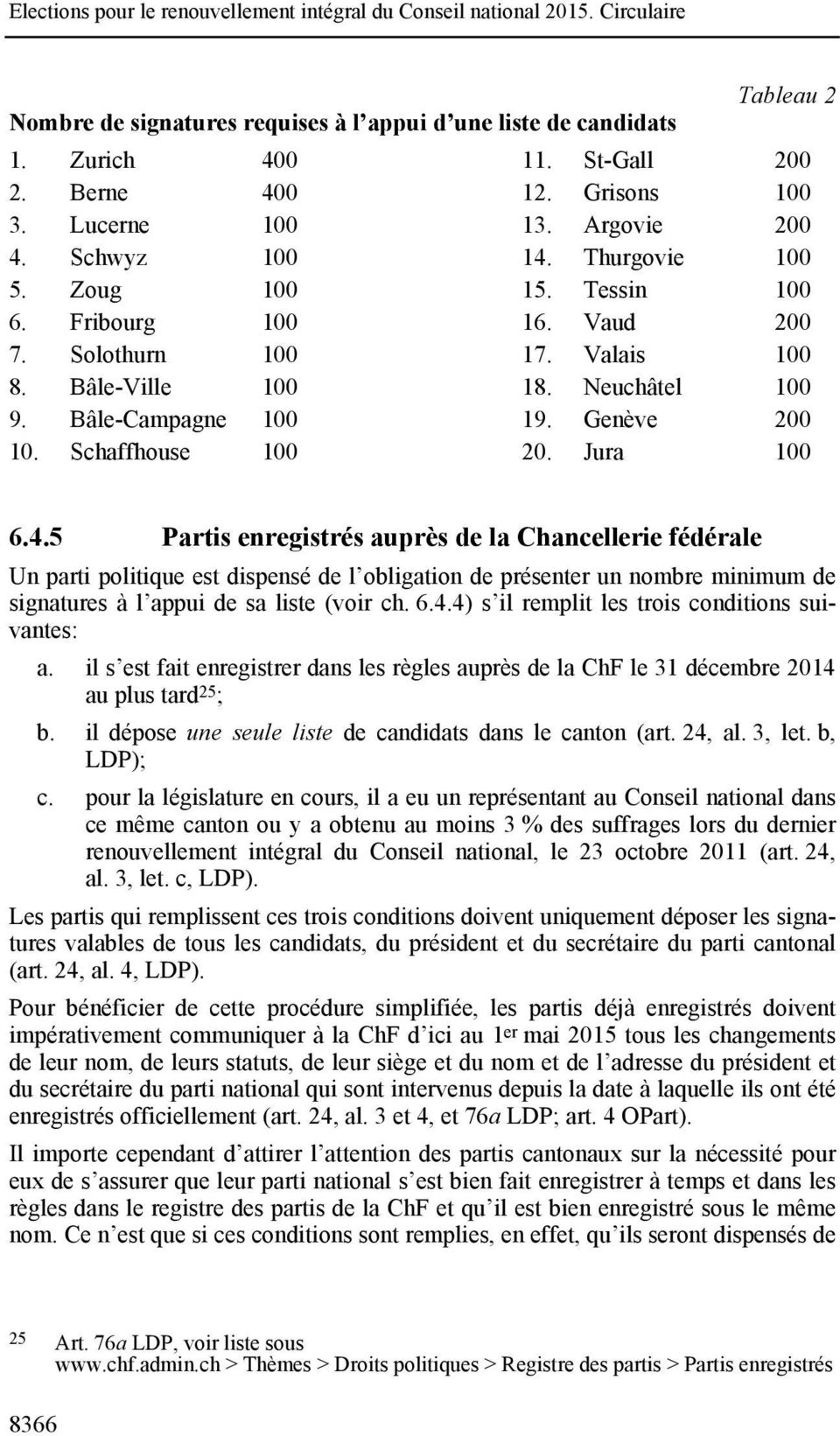 5 Partis enregistrés auprès de la Chancellerie fédérale Un parti politique est dispensé de l obligation de présenter un nombre minimum de signatures à l appui de sa liste (voir ch. 6.4.