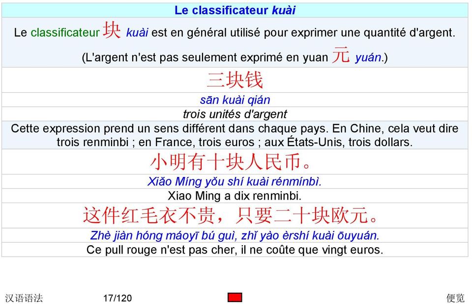 ) 三 块 钱 sān kuài qián trois unités d'argent Cette expression prend un sens différent dans chaque pays.