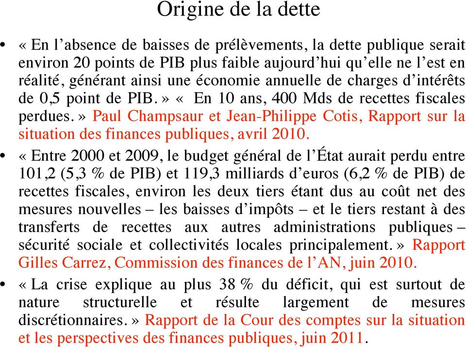 » Paul Champsaur et Jean-Philippe Cotis, Rapport sur la situation des finances publiques, avril 2010.