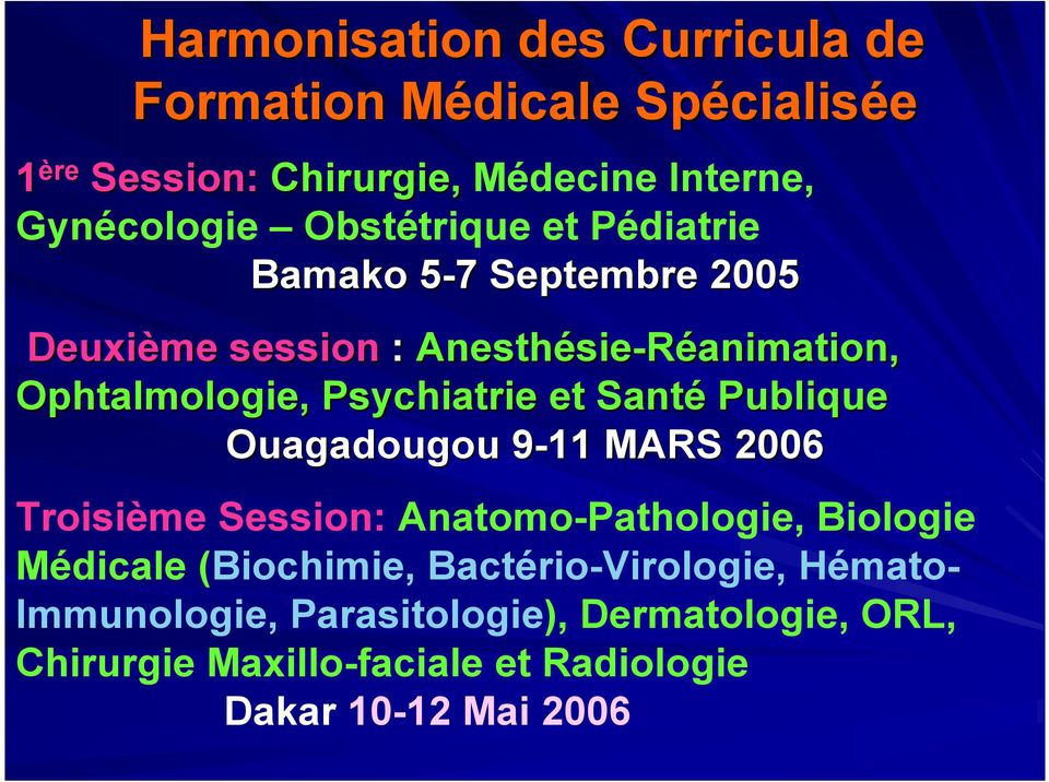 Psychiatrie et Santé Publique Ouagadougou 9-119 MARS 2006 Troisième Session: Anatomo-Pathologie, Biologie Médicale (Biochimie,