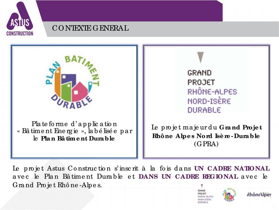 (GPRA) Le projet Astus Construction s inscrit à la fois dans UN CADRE NATIONAL avec