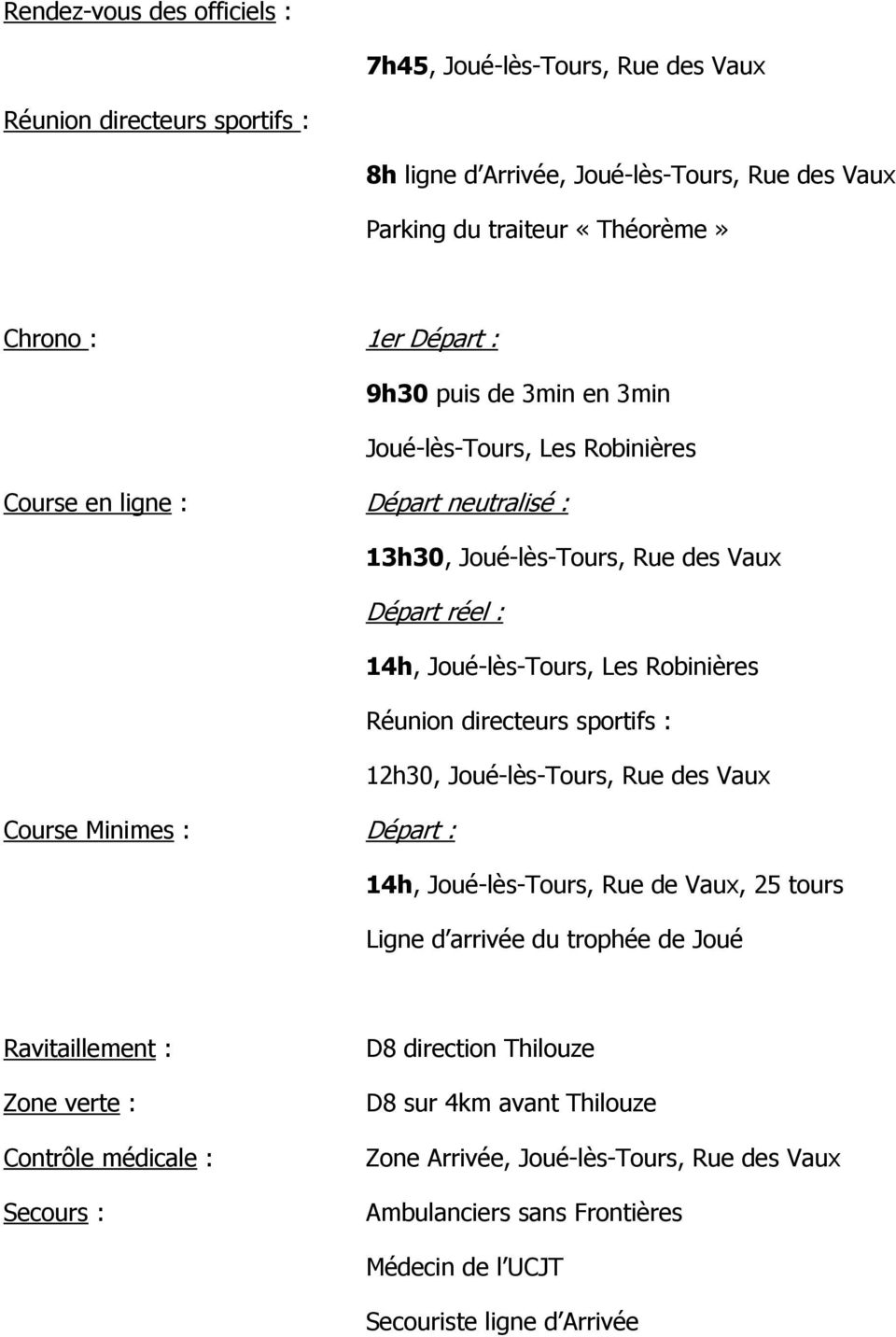 directeurs sportifs : 12h30, Joué-lès-Tours, Rue des Vaux Course Minimes : Départ : 14h, Joué-lès-Tours, Rue de Vaux, 25 tours Ligne d arrivée du trophée de Joué Ravitaillement : Zone verte :