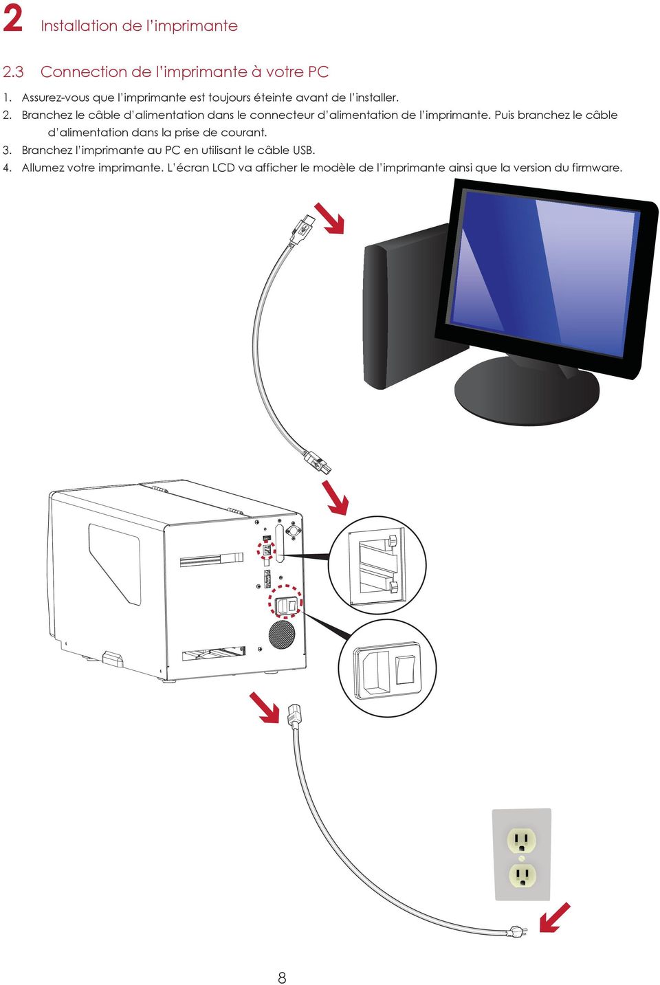 Branchez le câble d alimentation dans le connecteur d alimentation de l imprimante.