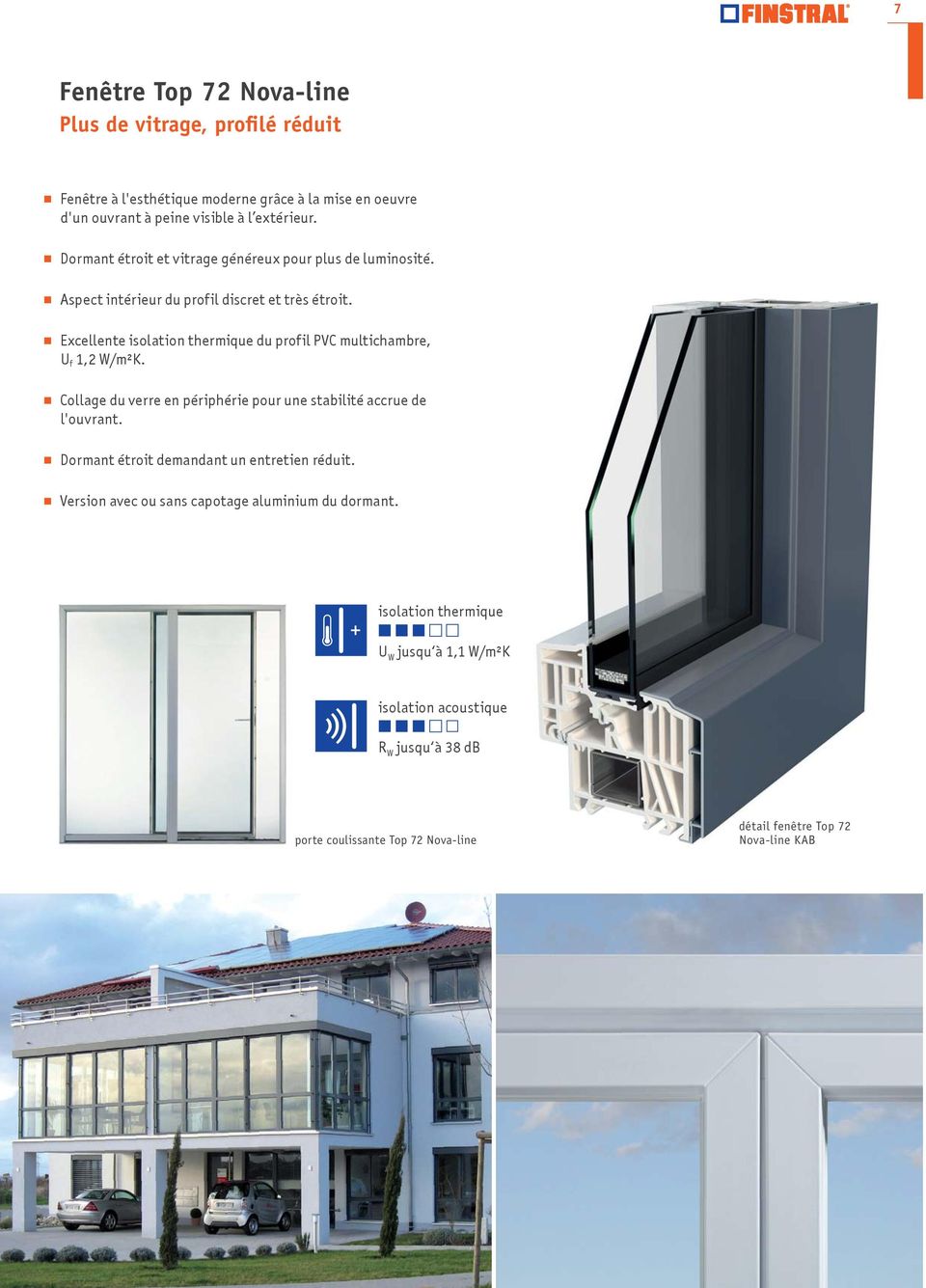 Excellente isolation thermique du profil PVC multichambre, U f 1,2 W/m²K. Collage du verre en périphérie pour une stabilité accrue de l'ouvrant.
