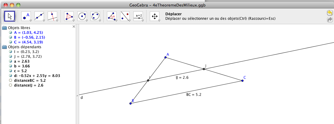 Chapitre 2 Triangles 2.1 Théorème des milieux Avec le fichier : 4eTheoremeDesMilieux.ggb : On crée 3 points A, B, C puis les segments [AB], [AC] et [BC]. On trace le milieu I (resp J) de [AB] (resp.