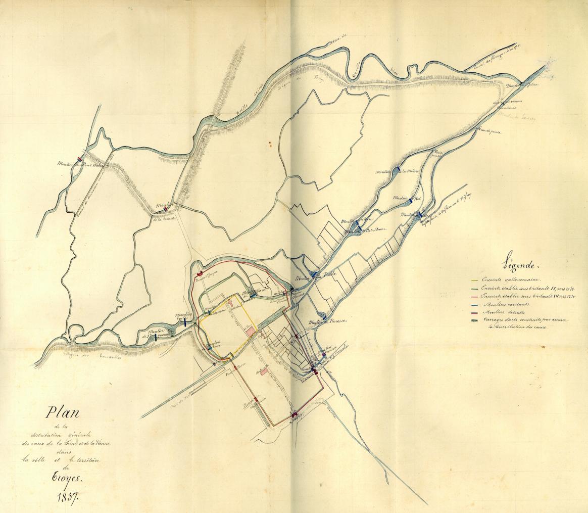 Plan de Troyes en 1857 (Médiathèque de Troyes) On peut observer de multiples cours d eau : -La Seine -La Vieille Seine -Le Petit Rû, -Le Grand Rû, - Et des moulins -Pour que ceux-ci fonctionnent, des