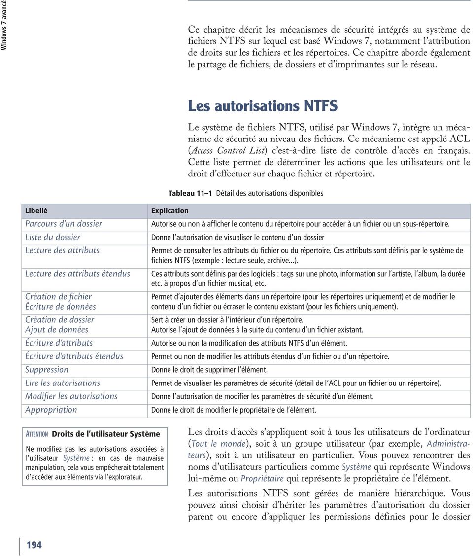 Les autorisations NTFS Le système de fichiers NTFS, utilisé par Windows 7, intègre un mécanisme de sécurité au niveau des fichiers.