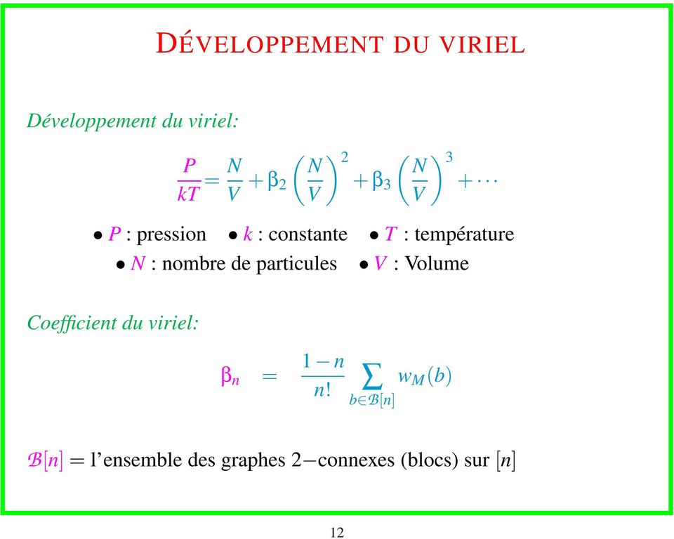 nombre de particules V : Volume Coefficient du viriel: β n = 1 n n!