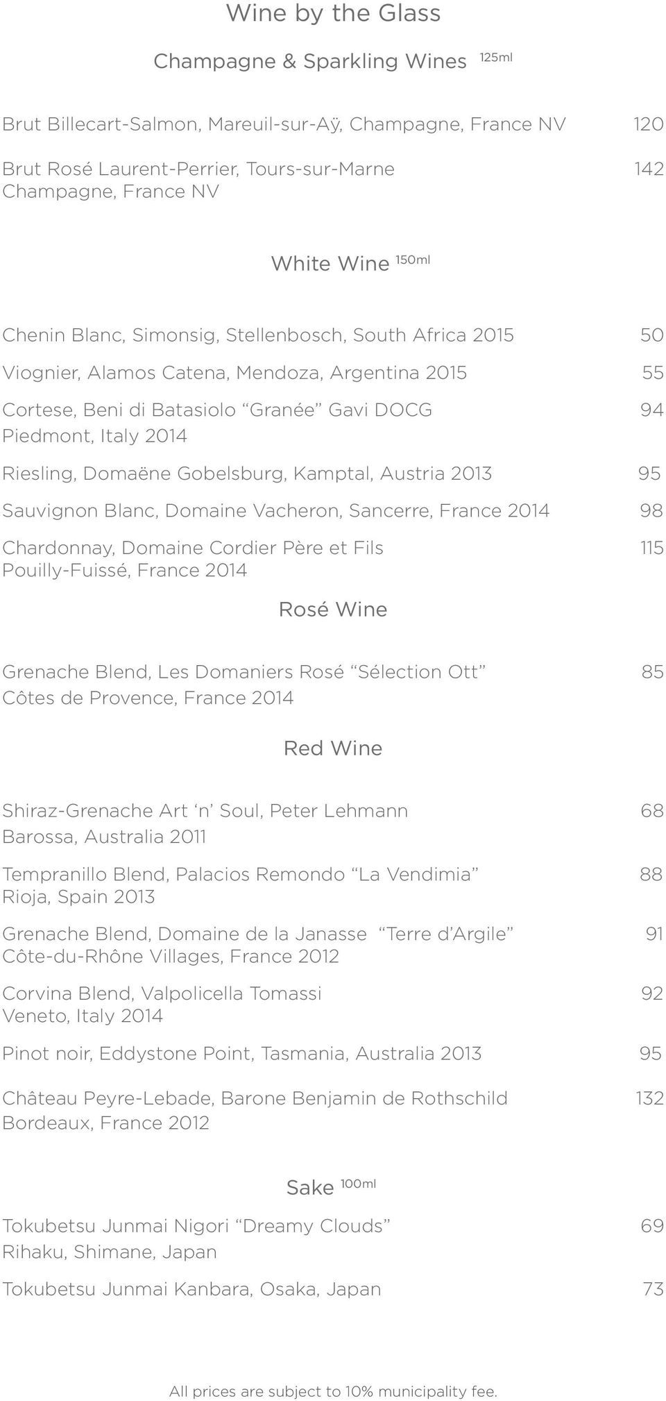 Domaëne Gobelsburg, Kamptal, Austria 2013 95 Sauvignon Blanc, Domaine Vacheron, Sancerre, France 2014 98 Chardonnay, Domaine Cordier Père et Fils 115 Pouilly-Fuissé, France 2014 Rosé Wine Grenache