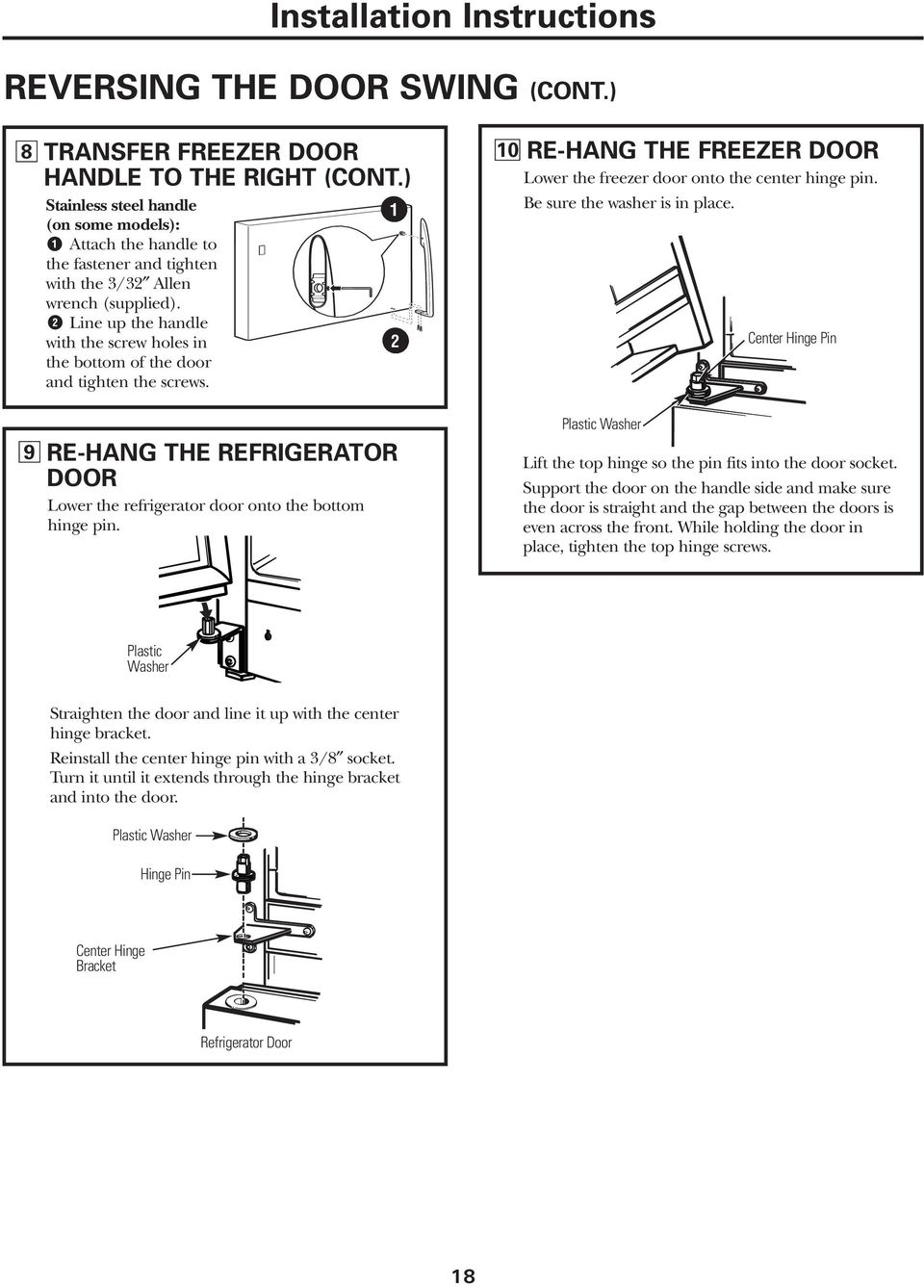 Line up the handle with the screw holes in the bottom of the door and tighten the screws. RE-HANG THE REFRIGERATOR DOOR Lower the refrigerator door onto the bottom hinge pin.