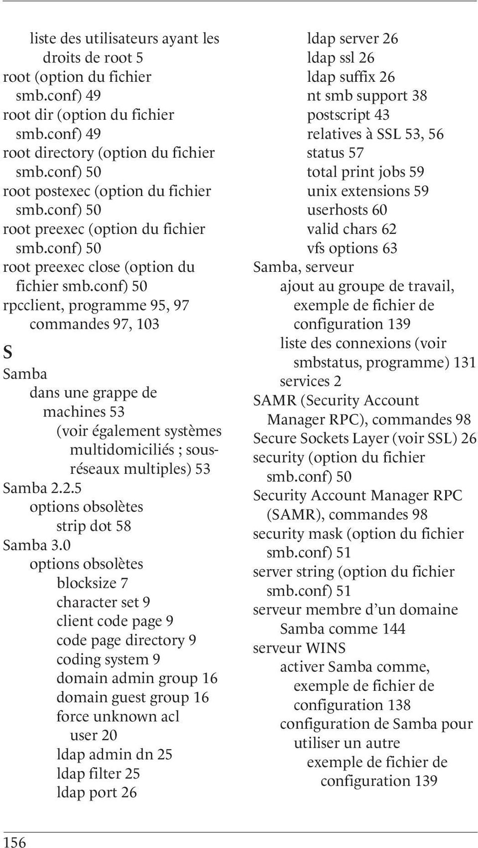 conf) 50 rpcclient, programme 95, 97 commandes 97, 103 S Samba dans une grappe de machines 53 (voir également systèmes multidomiciliés ; sousréseaux multiples) 53 Samba 2.