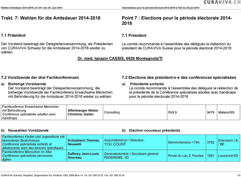 1 Président Der Vorstand beantragt der Delegiertenversammlung, als Präsidenten von CURAVIVA Schweiz für die Amtsdauer 2014-2018 wieder zu wählen. Dr. med.
